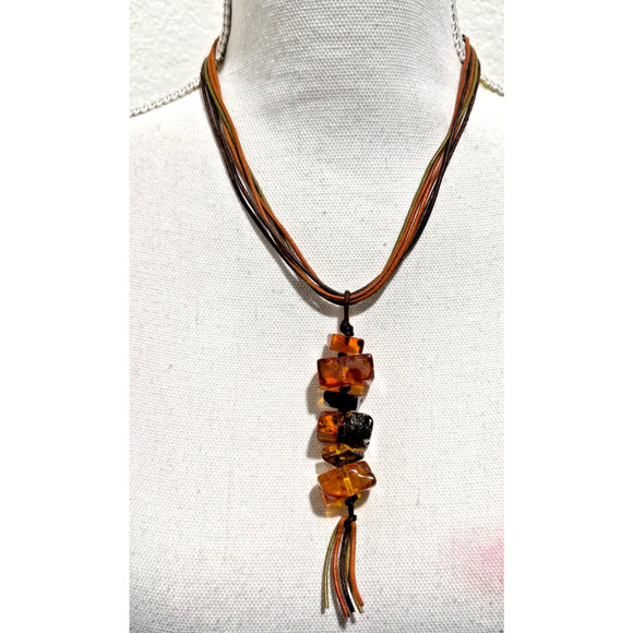 Baltic Amber Multi Stone Chunk Necklace on Multistrand Leather Cord 26 gr Boho - Picture 2 of 9